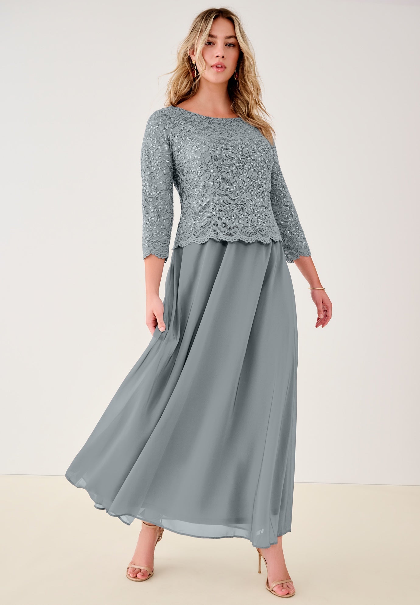 Extended Plus Sequin Lace Three Quarter Sleeve A-Line Gown image number 0