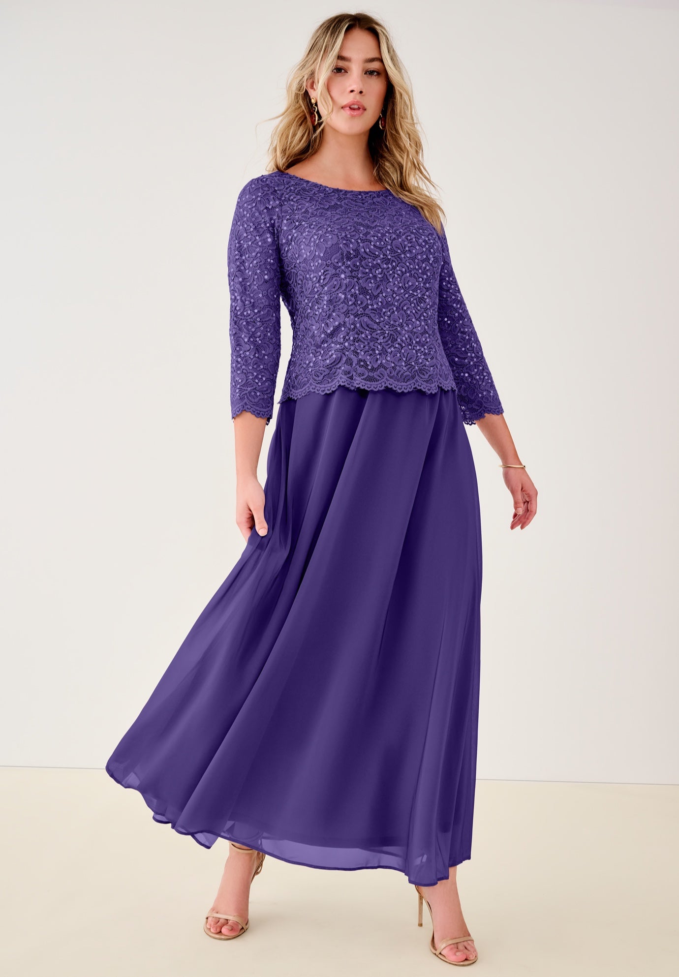 Extended Plus Size Sequin Lace Three Quarter Sleeve A-Line Gown image number 0