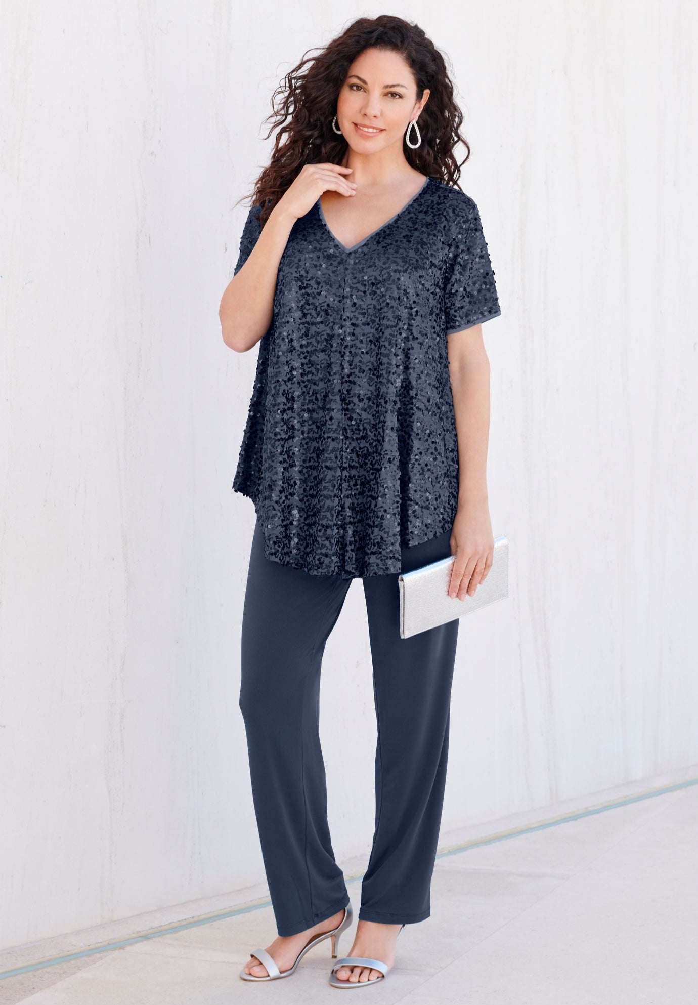 Extended Plus 2 Piece S/S Sequin Top and Pant Set image number 0