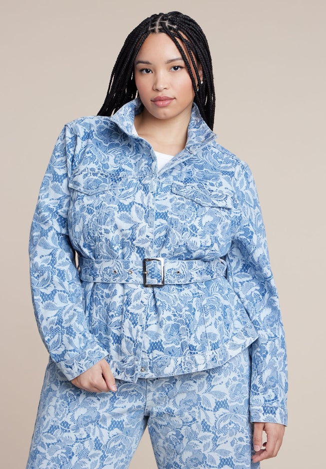 Lace Printed Denim Belted Jacket image number 1