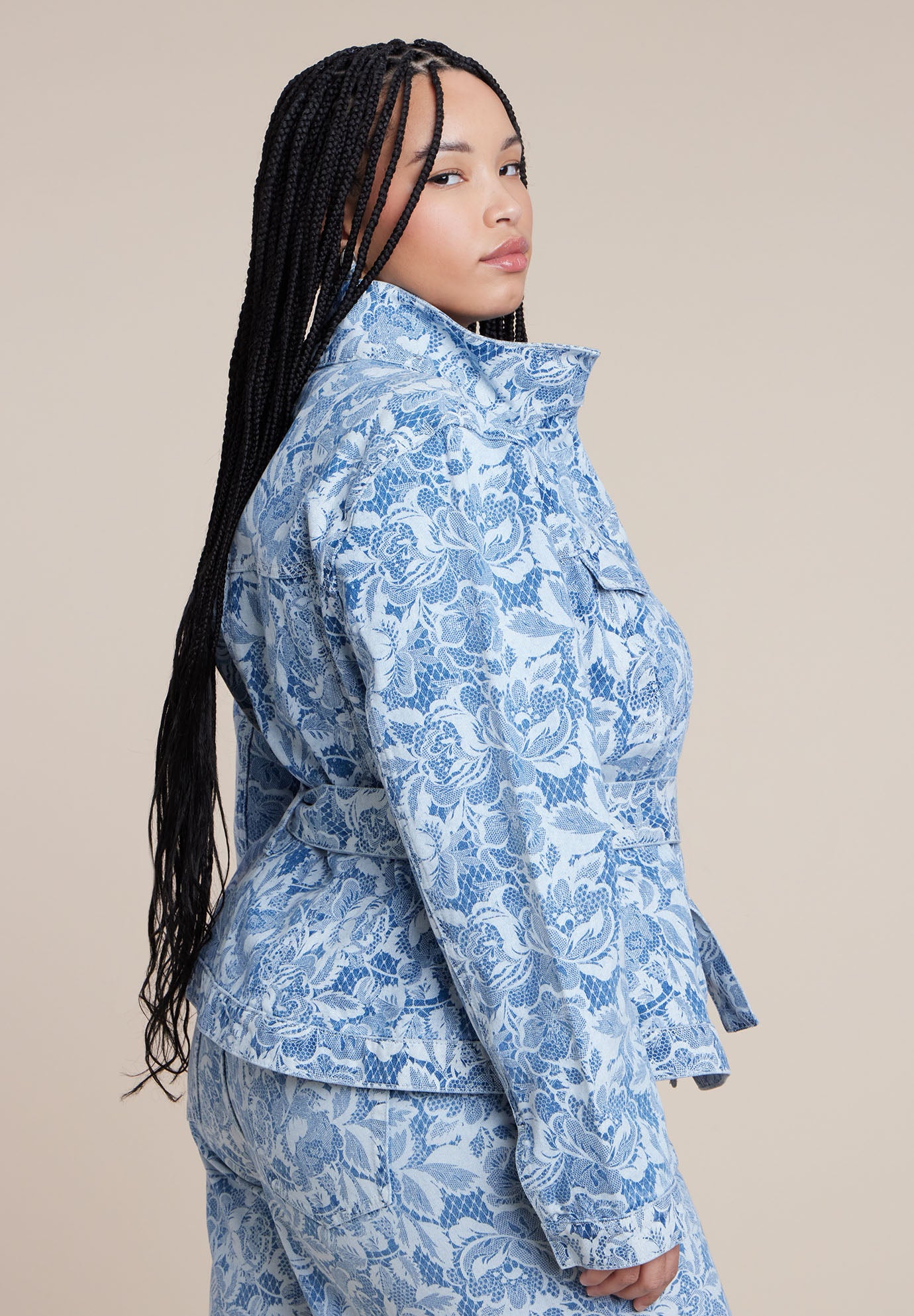 Lace Printed Denim Belted Jacket image number 2