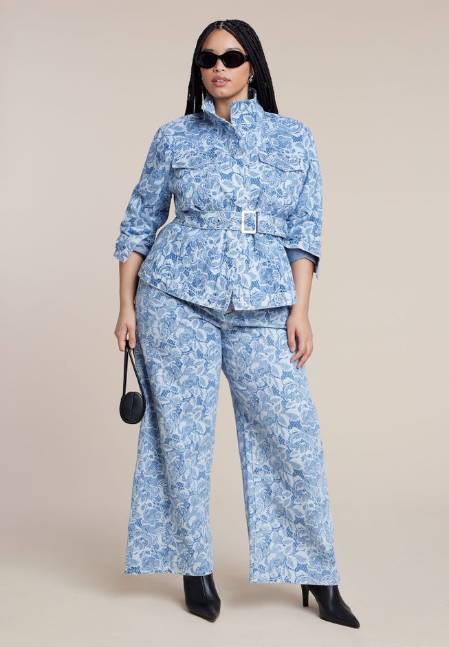Lace Printed Denim Belted Jacket image number 3