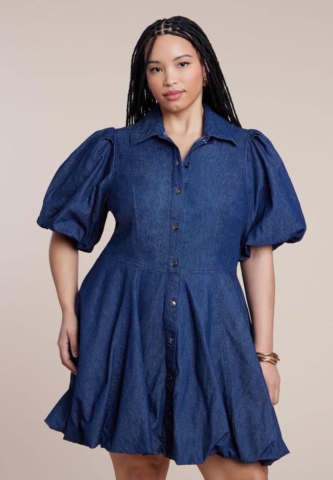 Bubble Detail Denim Mini Dress image number 1