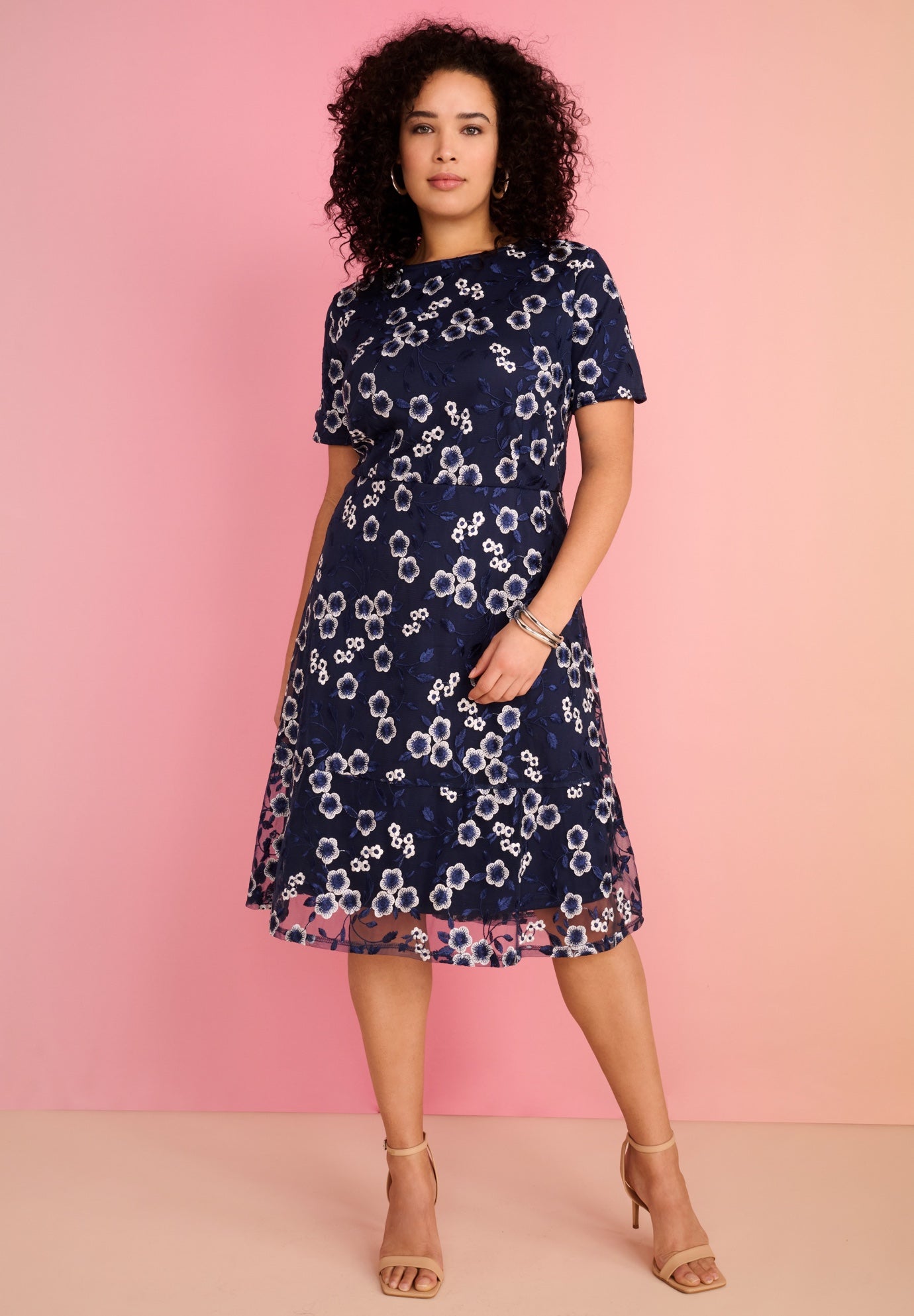 Plus Size Embroidered Mesh Short Sleeve Dress image number 0