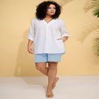 Plus Size Linen-Blend Y-Neck Roll-Tab Sleeve Tunic image number null