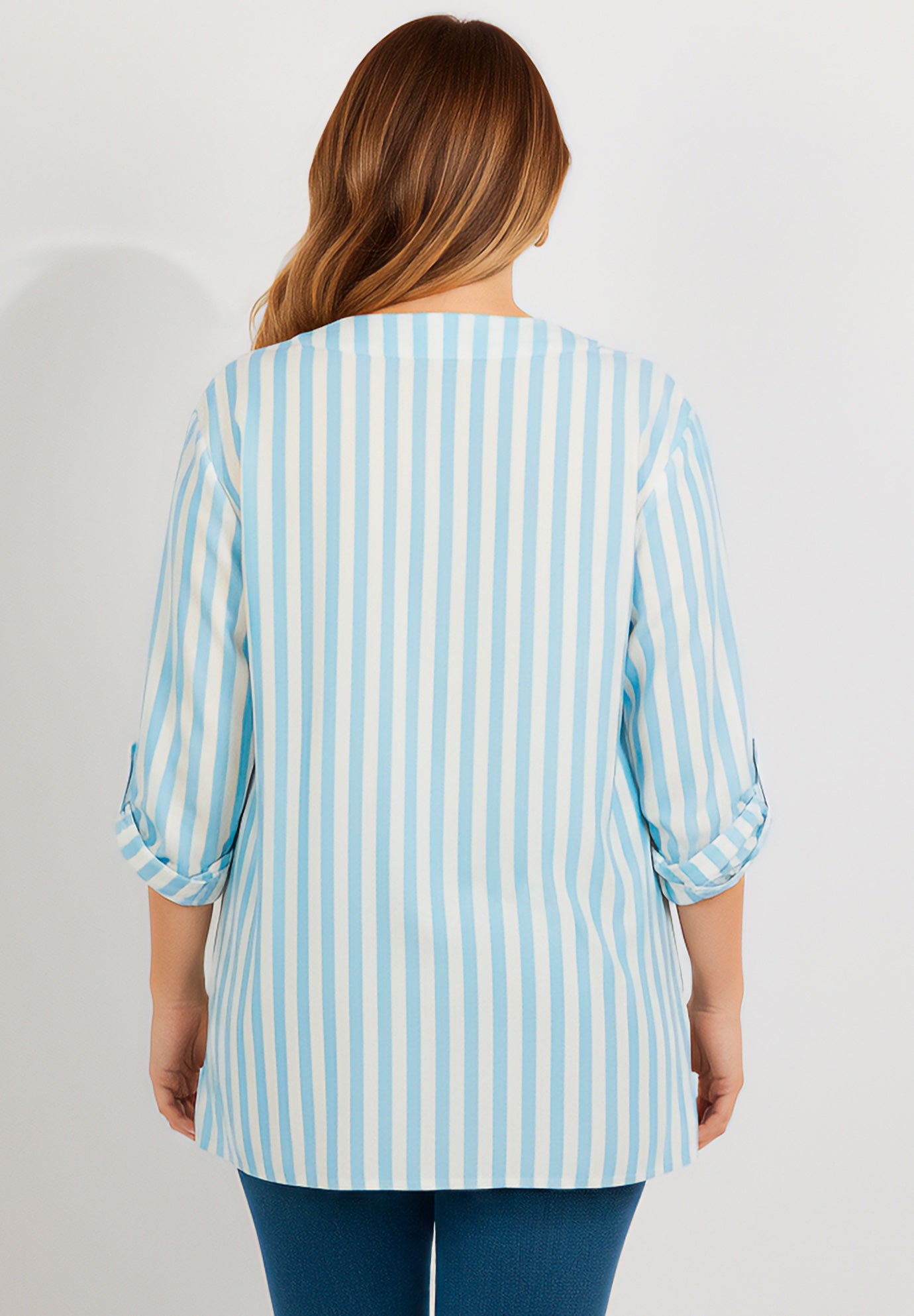 Plus Size Linen-Blend Y-Neck Roll-Tab Sleeve Tunic image number 1