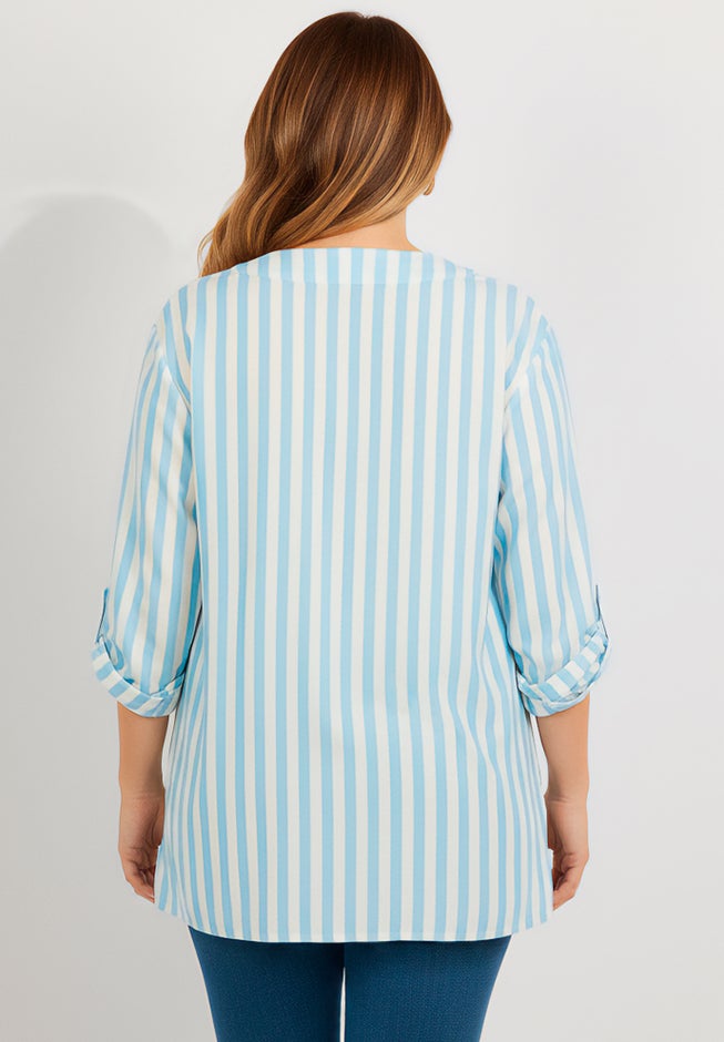 Plus Size Linen-Blend Y-Neck Roll-Tab Sleeve Tunic image number 1