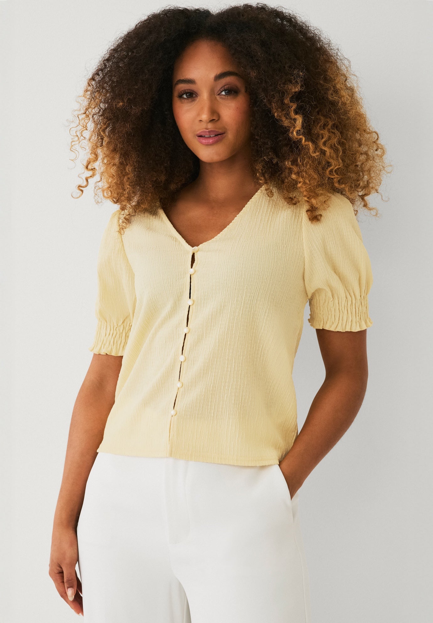 Textured Knit Button Front Top With Puff Sleeves image number 0