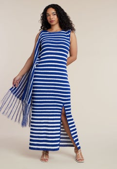 Fringe Detail Striped Knit Maxi Dress