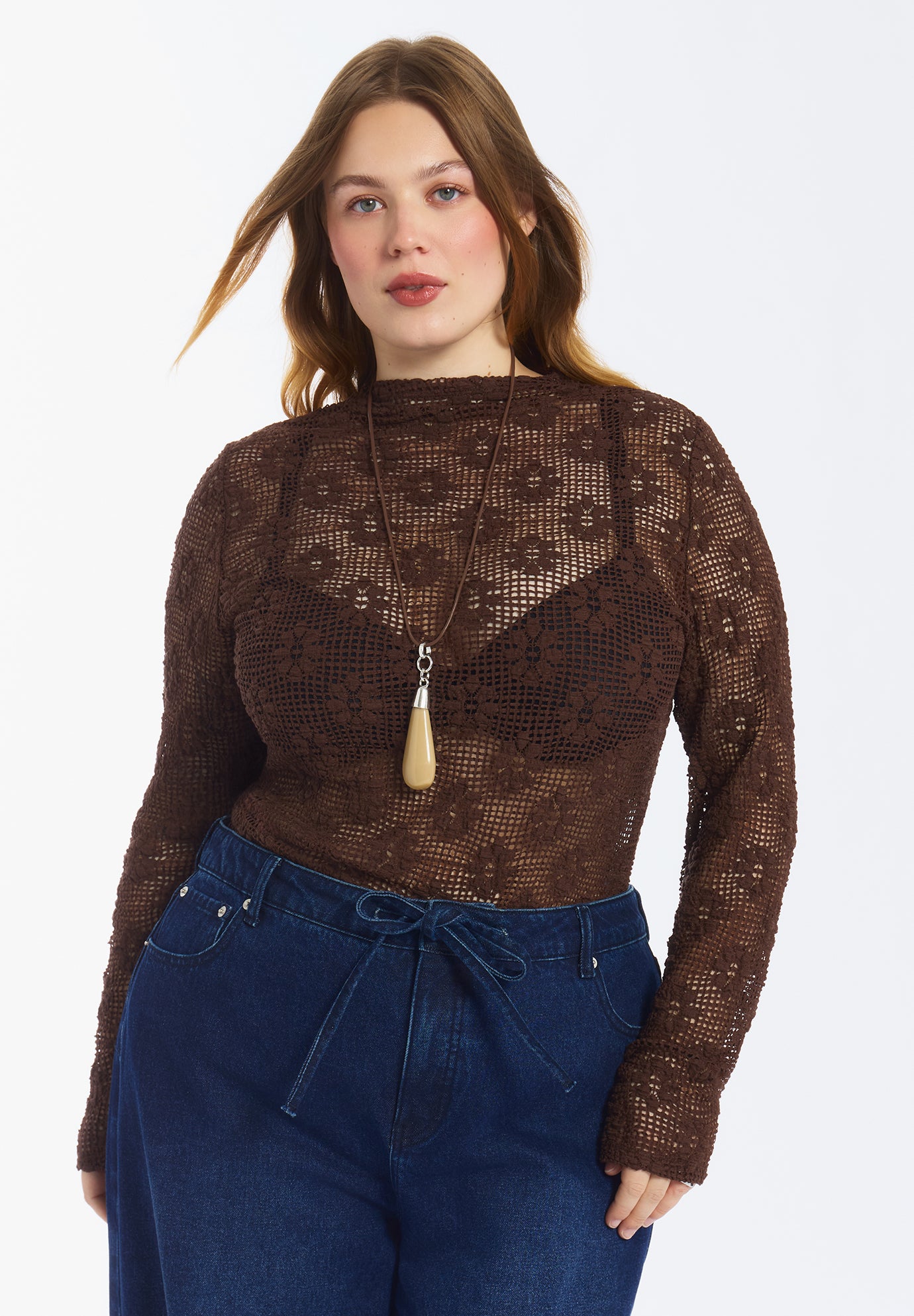 Floral Lace Mesh Funnel Neck Top image number 2