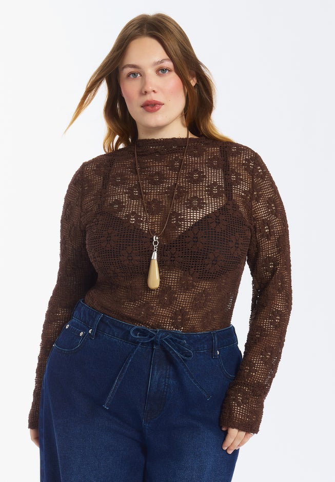 Floral Lace Mesh Funnel Neck Top image number 2