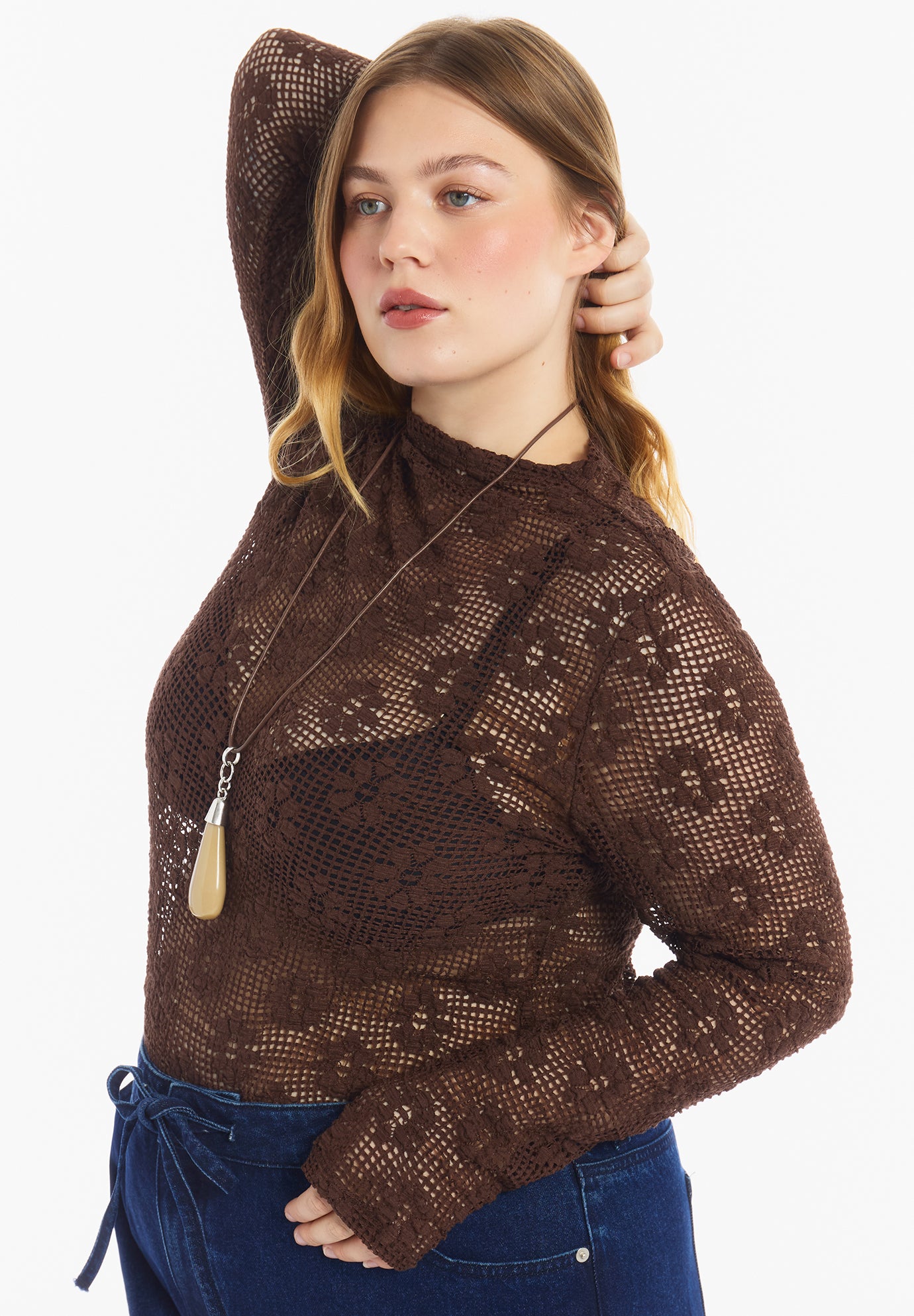 Floral Lace Mesh Funnel Neck Top image number 4