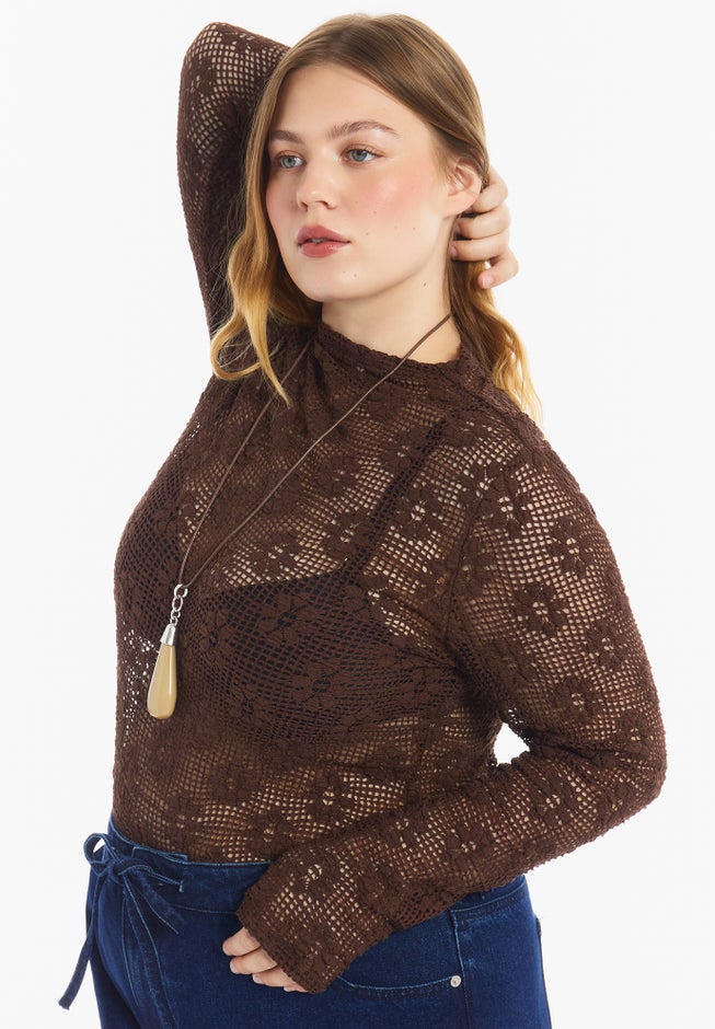 Floral Lace Mesh Funnel Neck Top image number 4