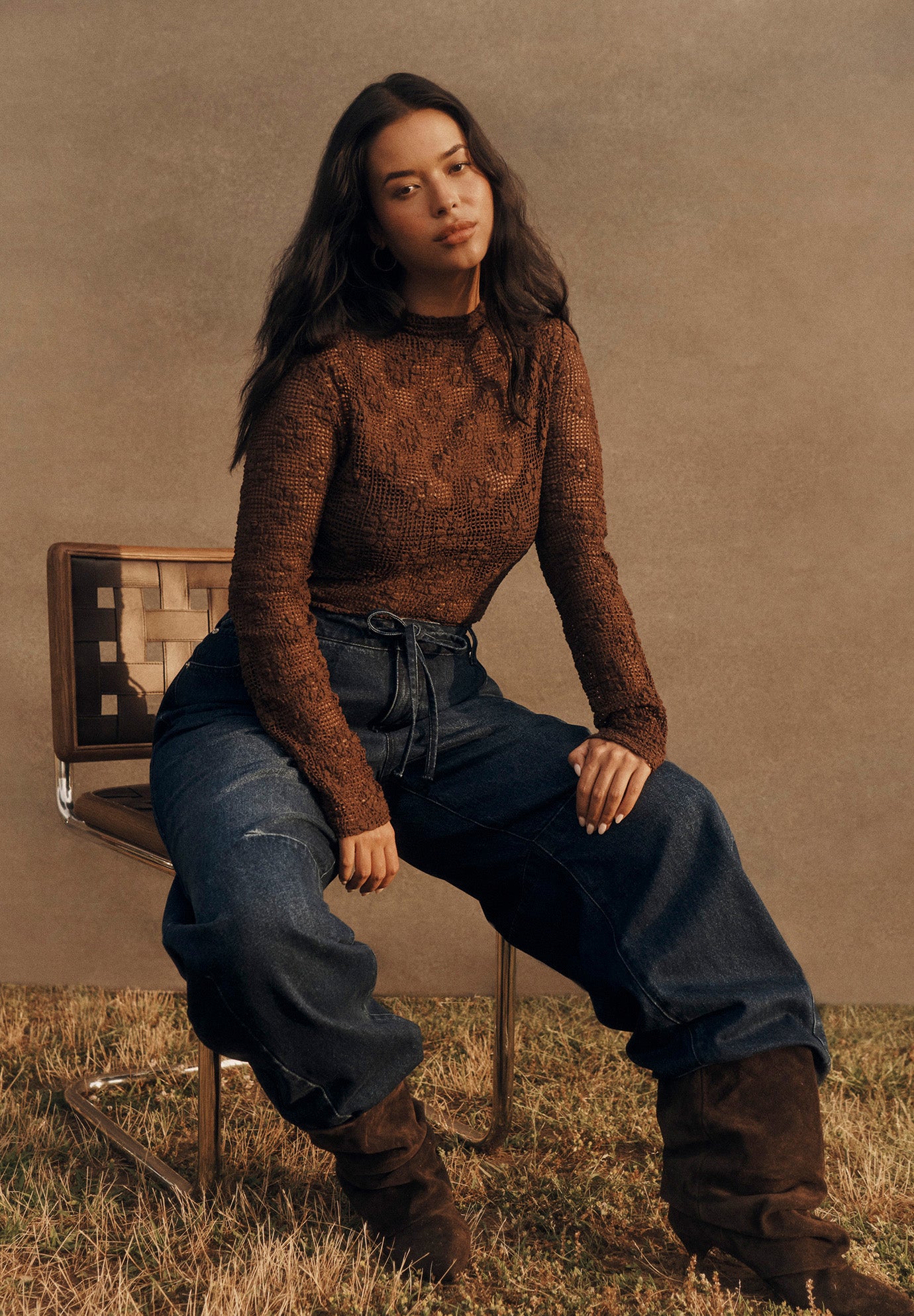 Floral Lace Mesh Funnel Neck Top image number 0