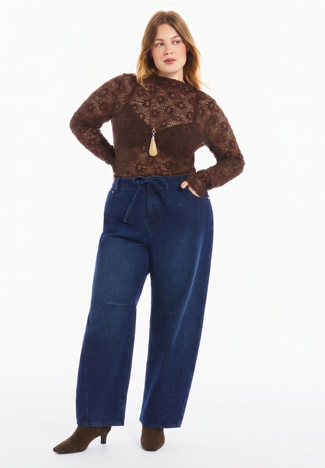 Floral Lace Mesh Funnel Neck Top image number 1