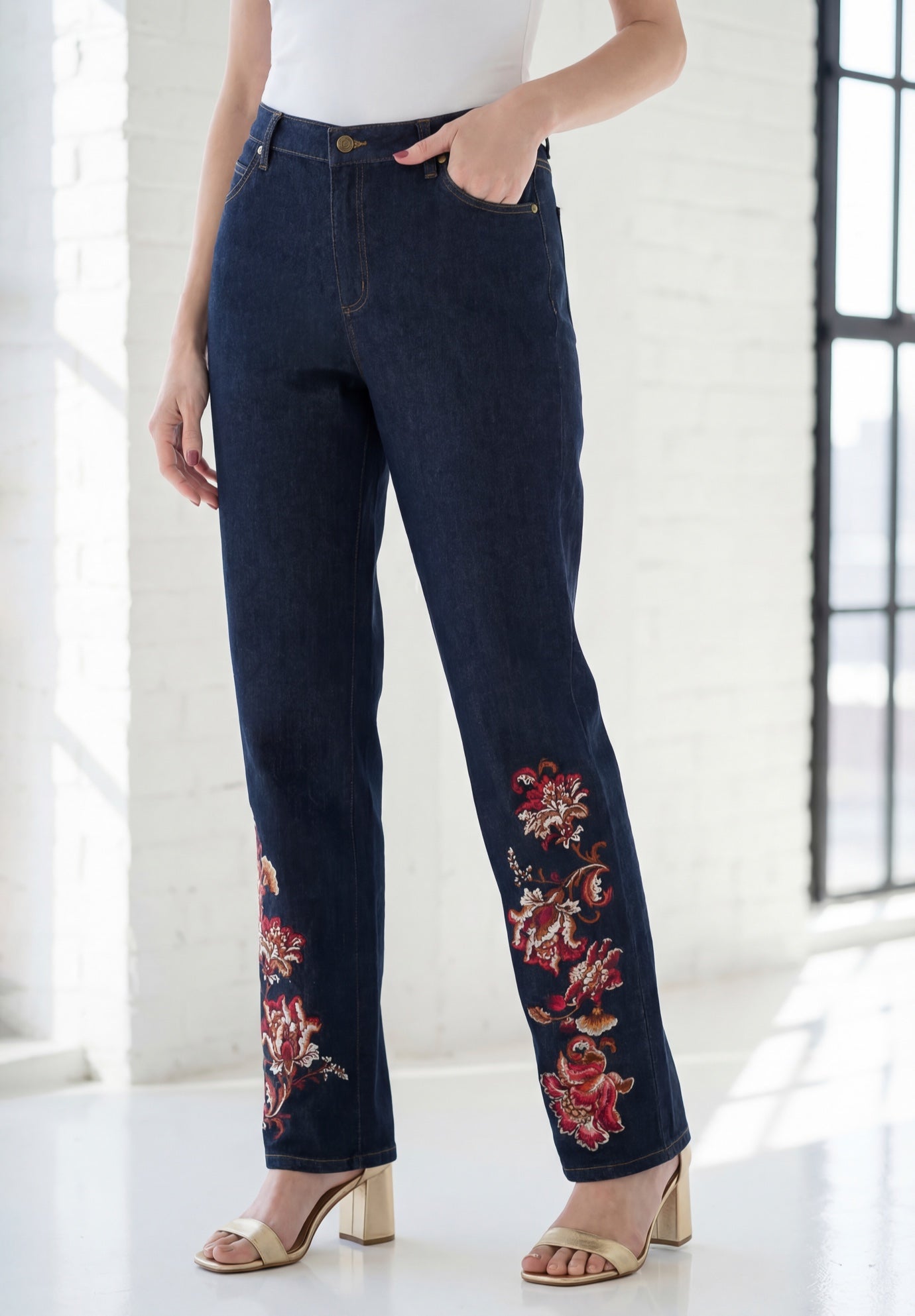 Plus Size Stretch Embroidered Straight Leg Jean image number 0