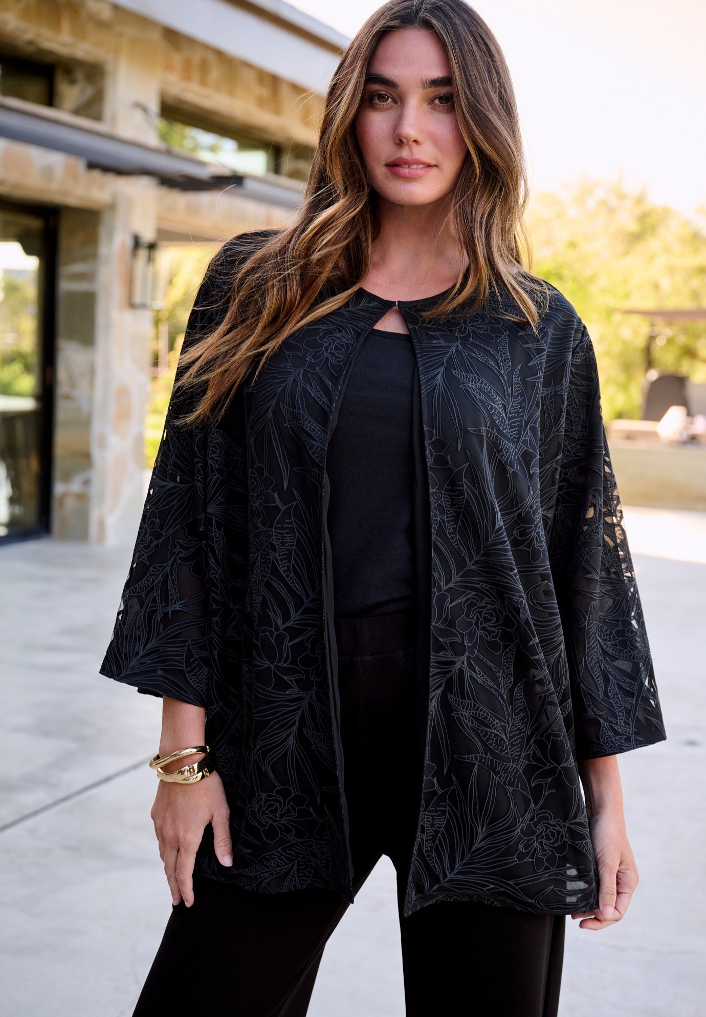 Plus Size Burnout Lace Bracelet Sleeve Jacket image number 0