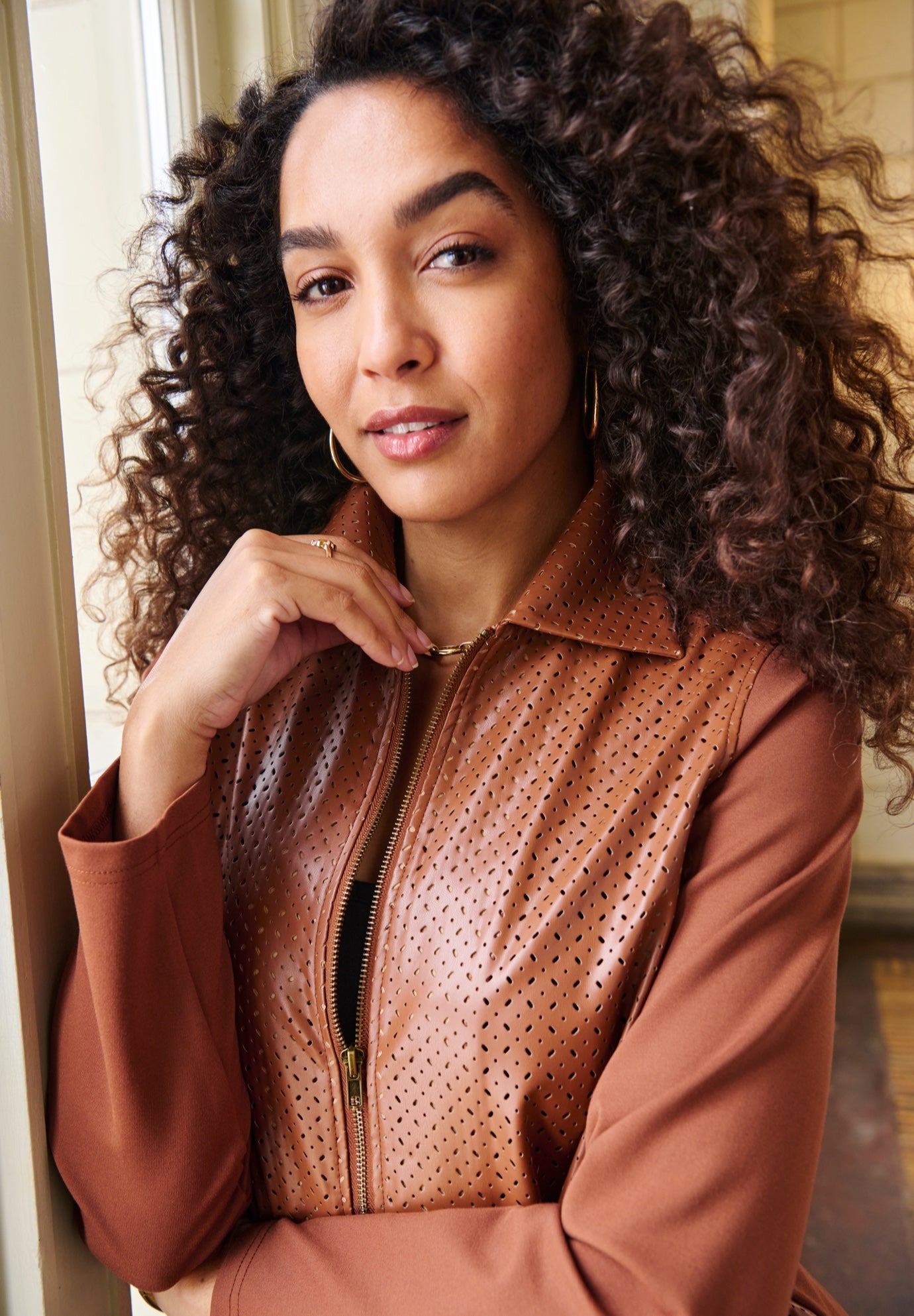 Perforated Faux Leather Zip-Front Jacket image number 1
