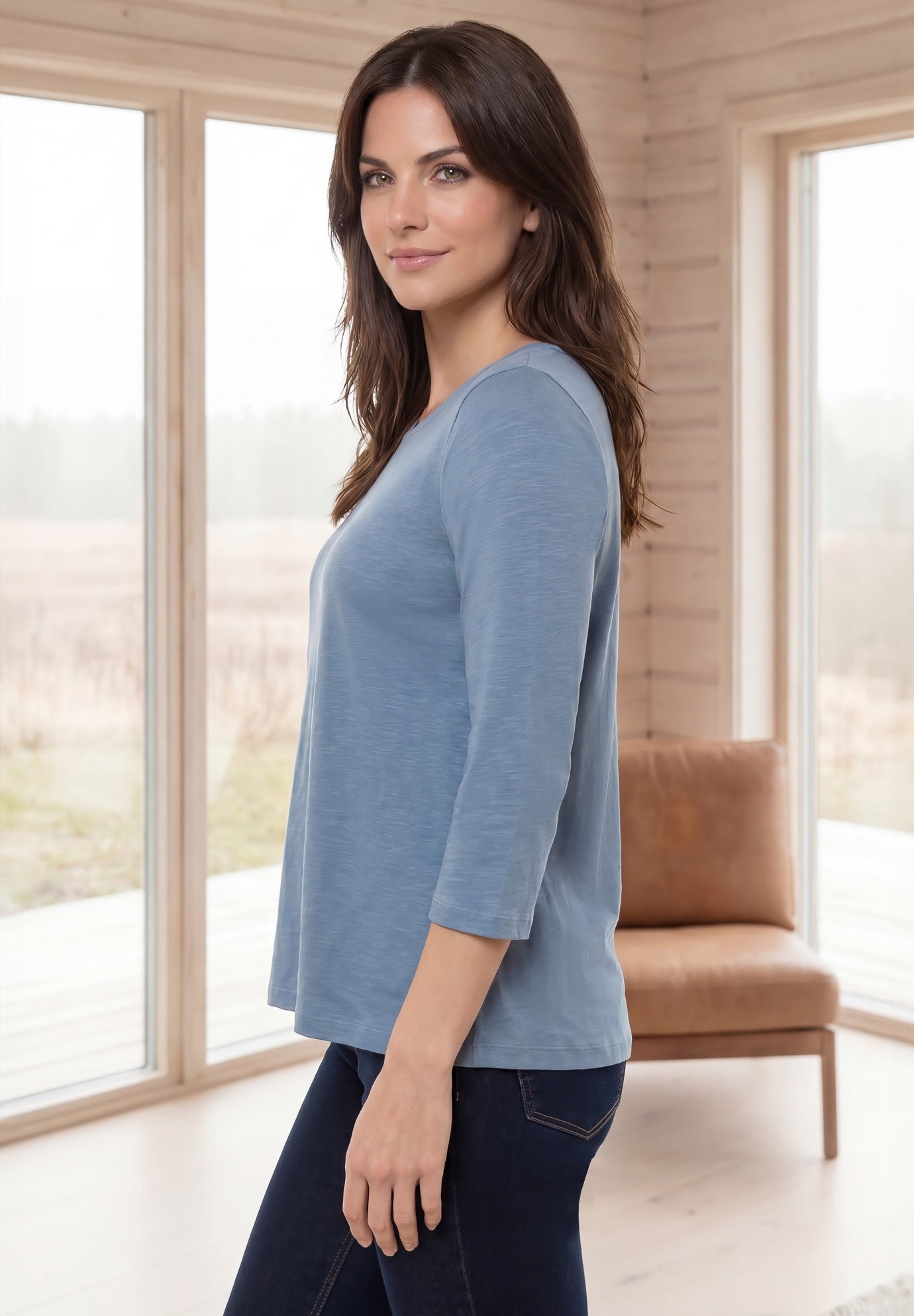 Cotton Jersey Slub Three-Quarter Sleeve Trapeze Tee image number 2