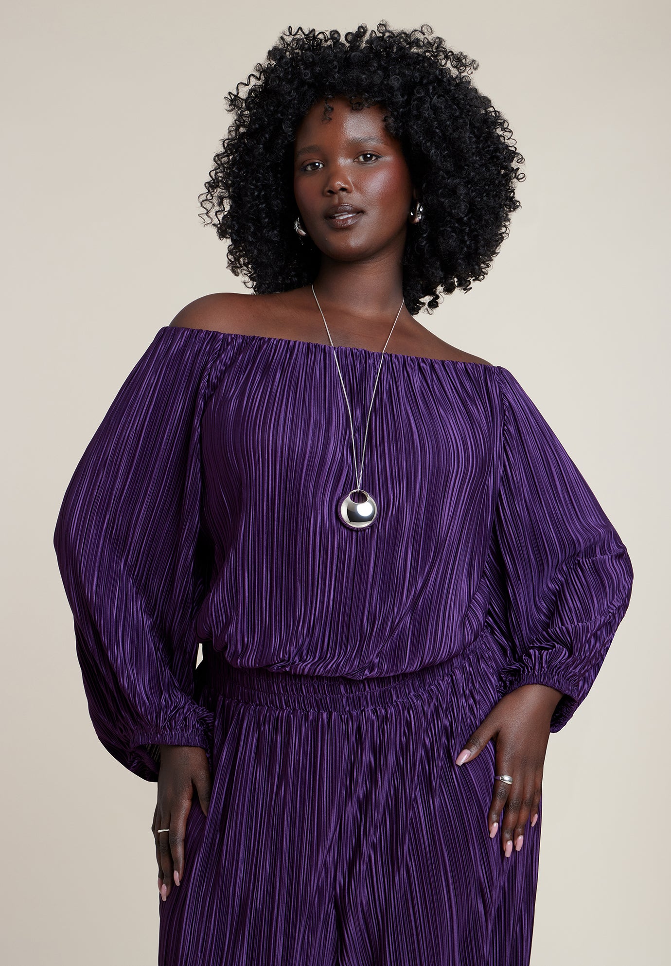 Off The Shoulder Plisse Jumpsuit image number 2
