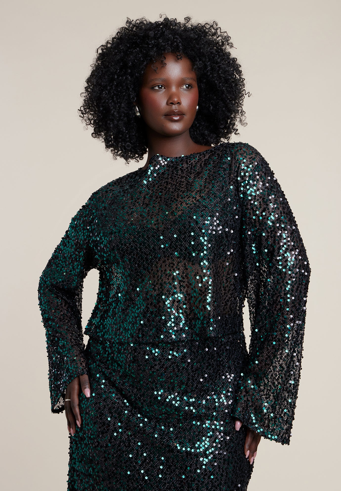 Boat Neck Sequin Crop Top image number 1