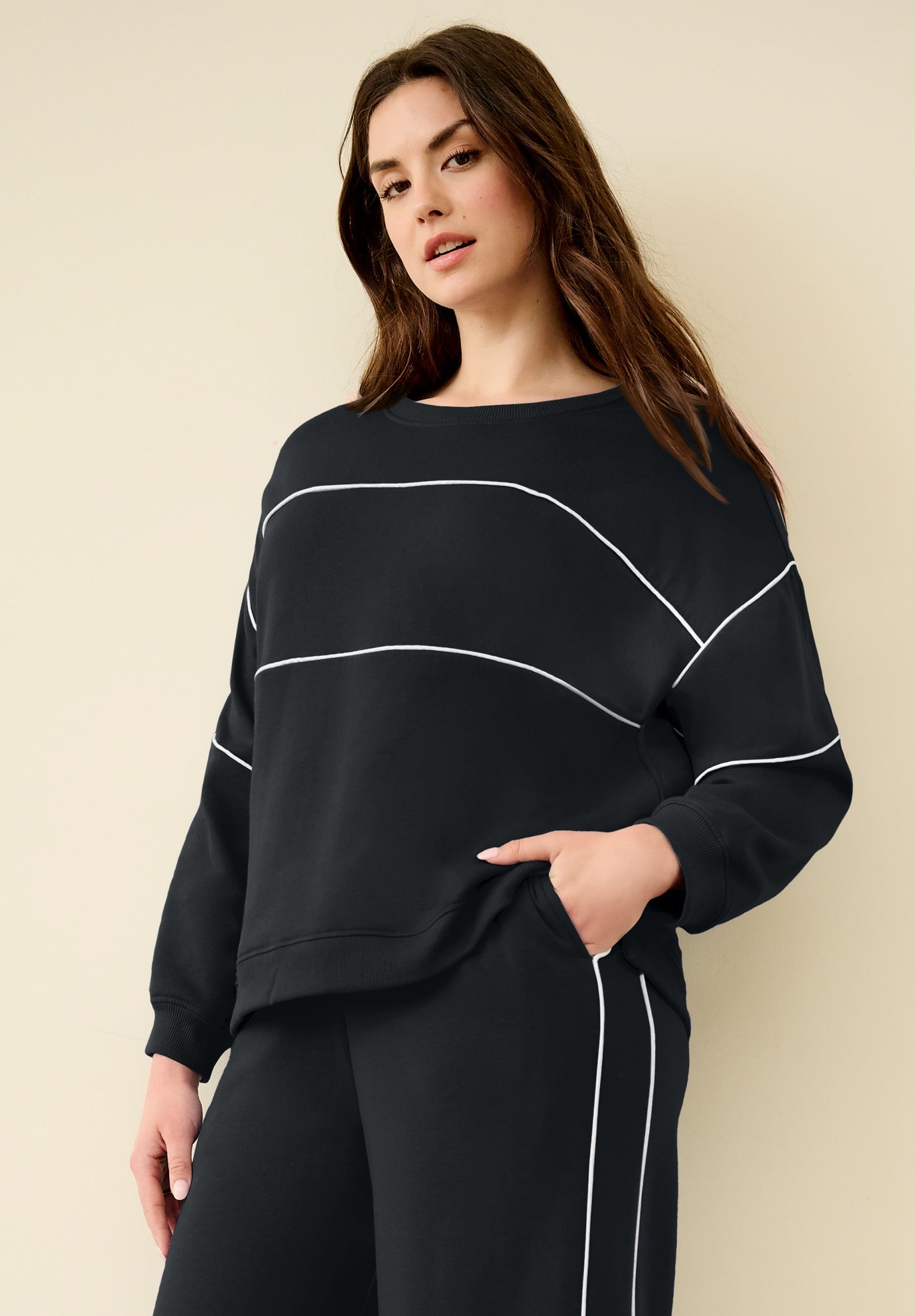 Ellos Studio Piped Boxy Fleece Sweatshirt image number 0