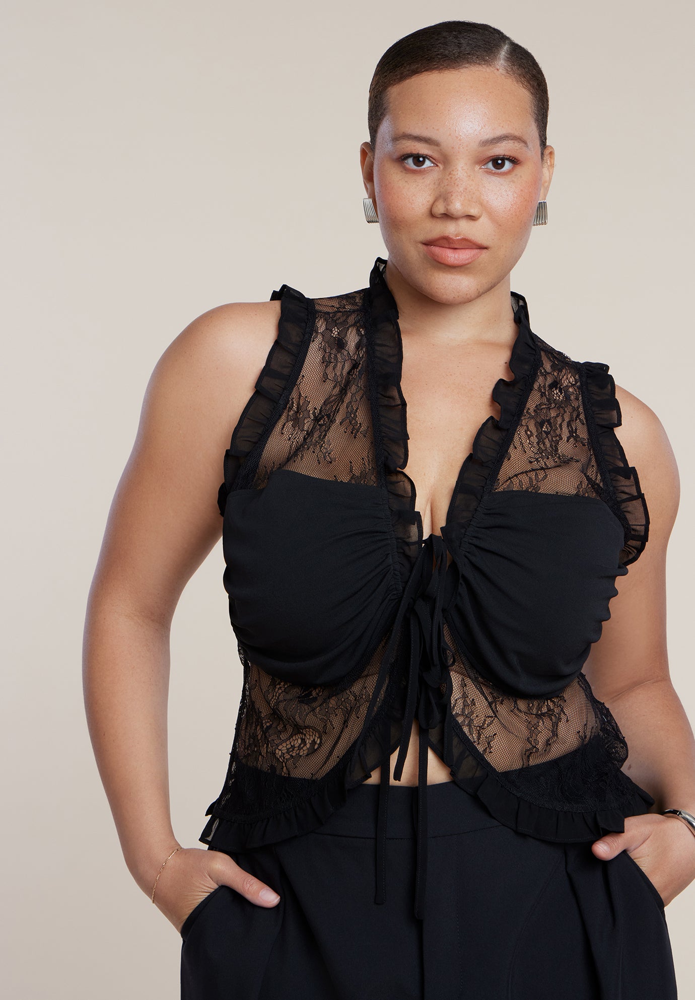 Ruffled Lace Top With Tie Detail image number 0