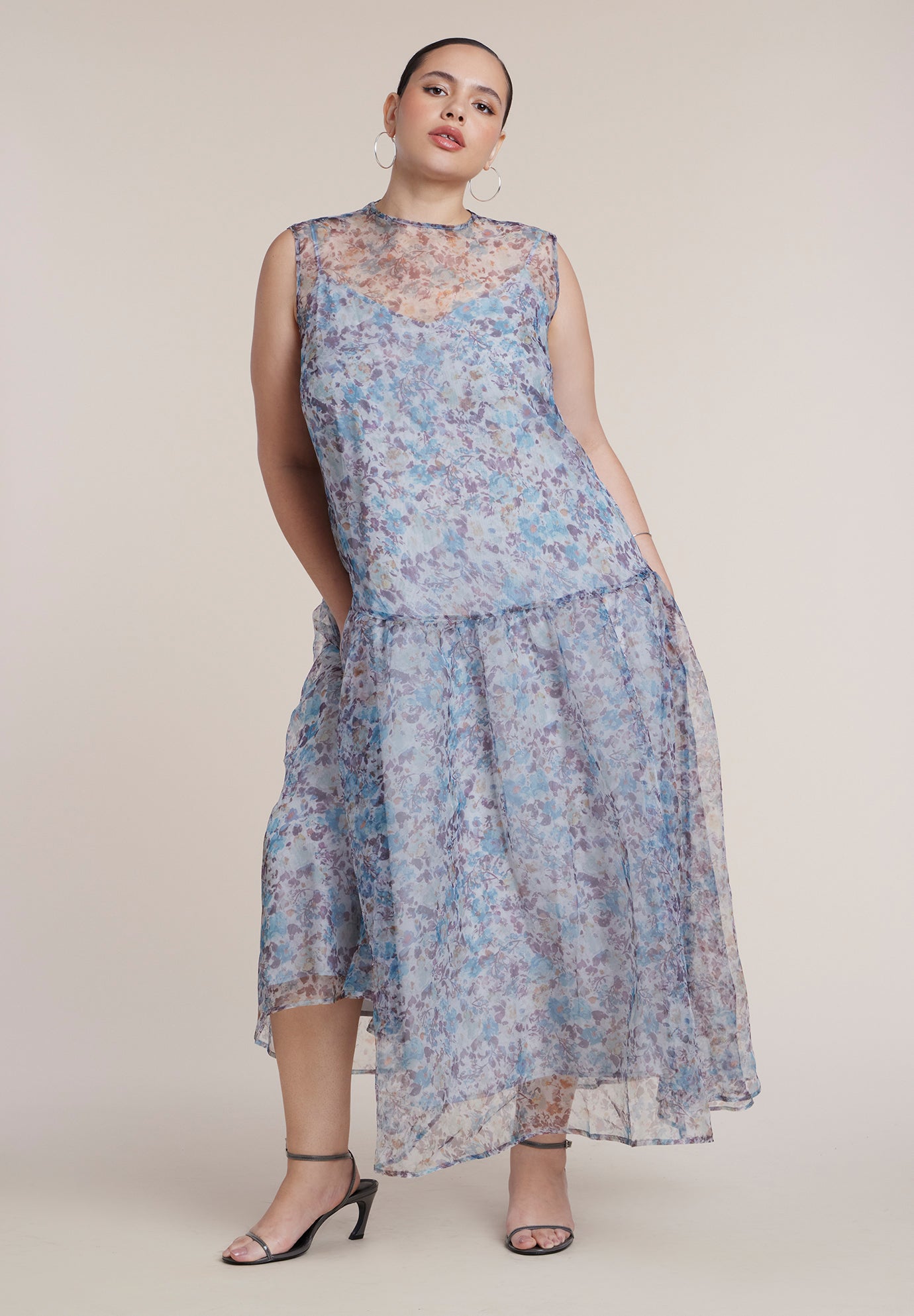 Printed Organza Drop Waist Midi Dress image number 1