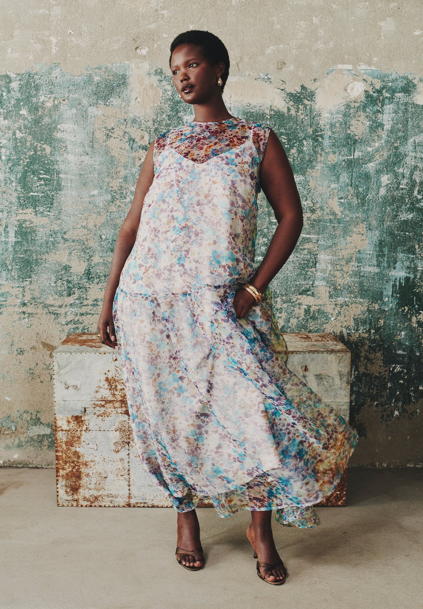 Printed Organza Drop Waist Midi Dress image number 0
