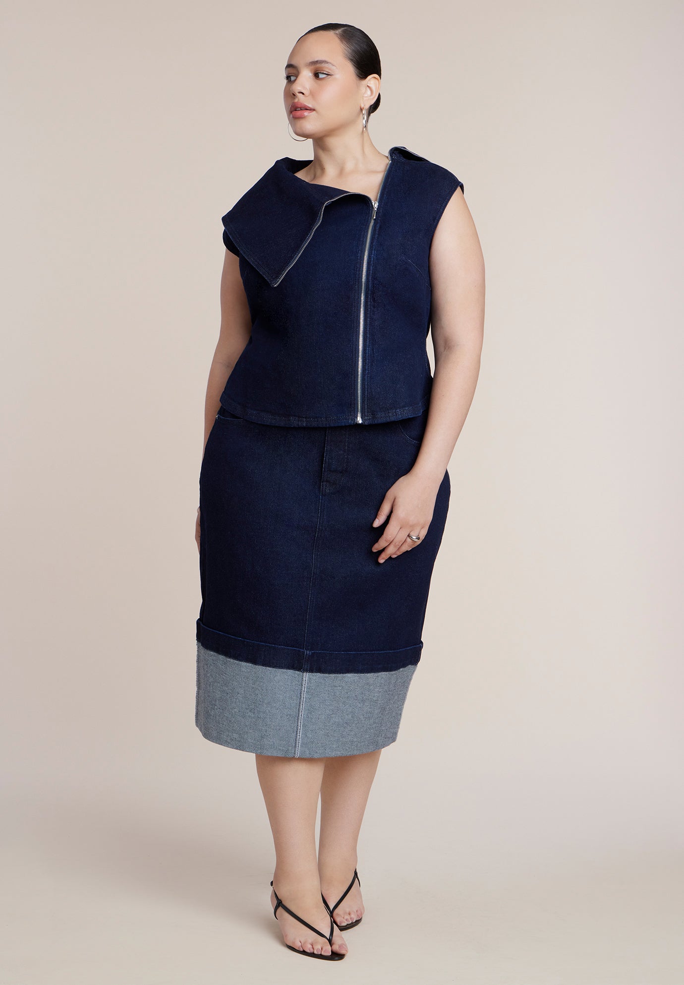 Cuffed Hem Stretch Denim Column Midi Skirt image number 0