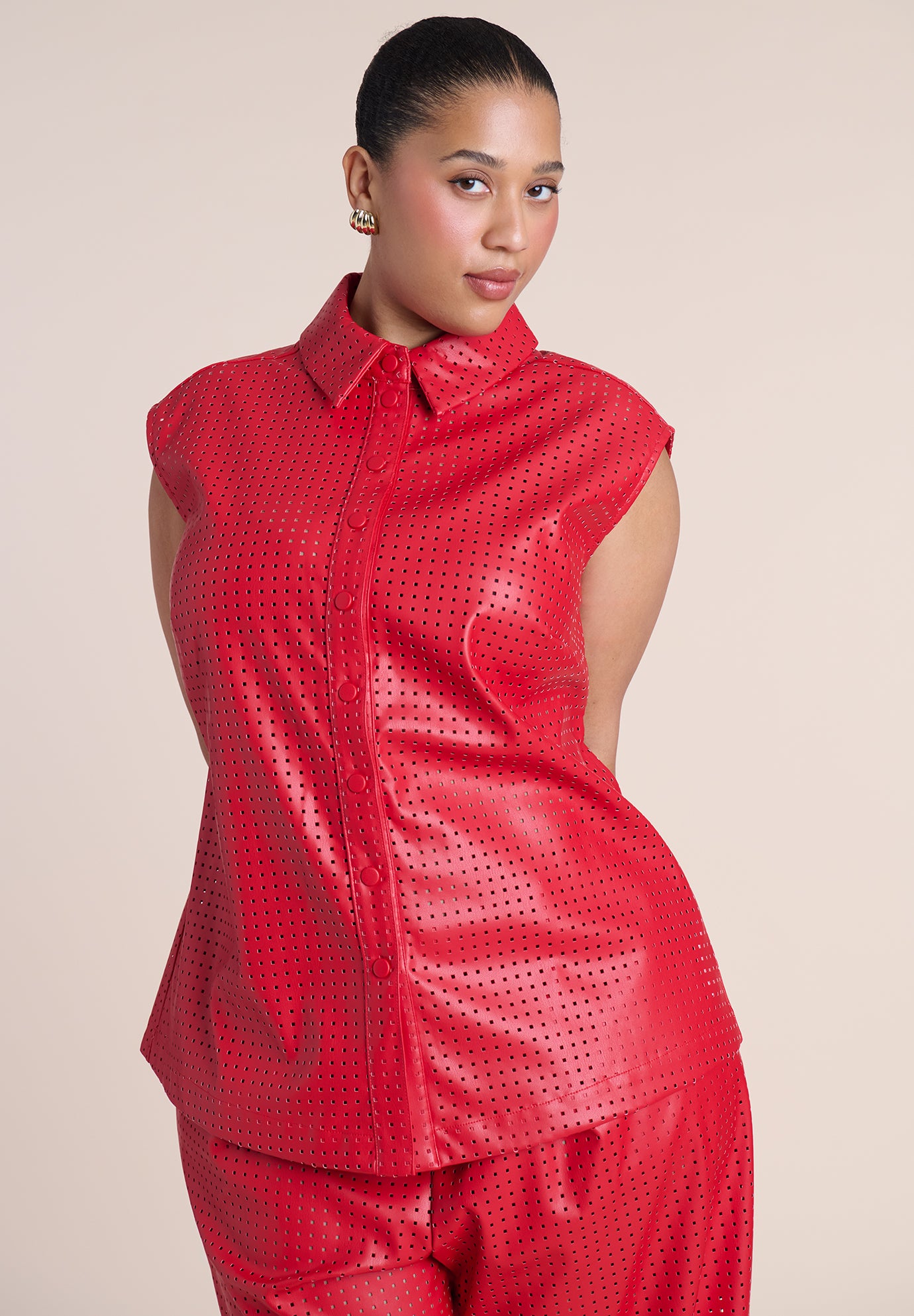 Perforated Faux Leather Tie-Waist Top image number 0