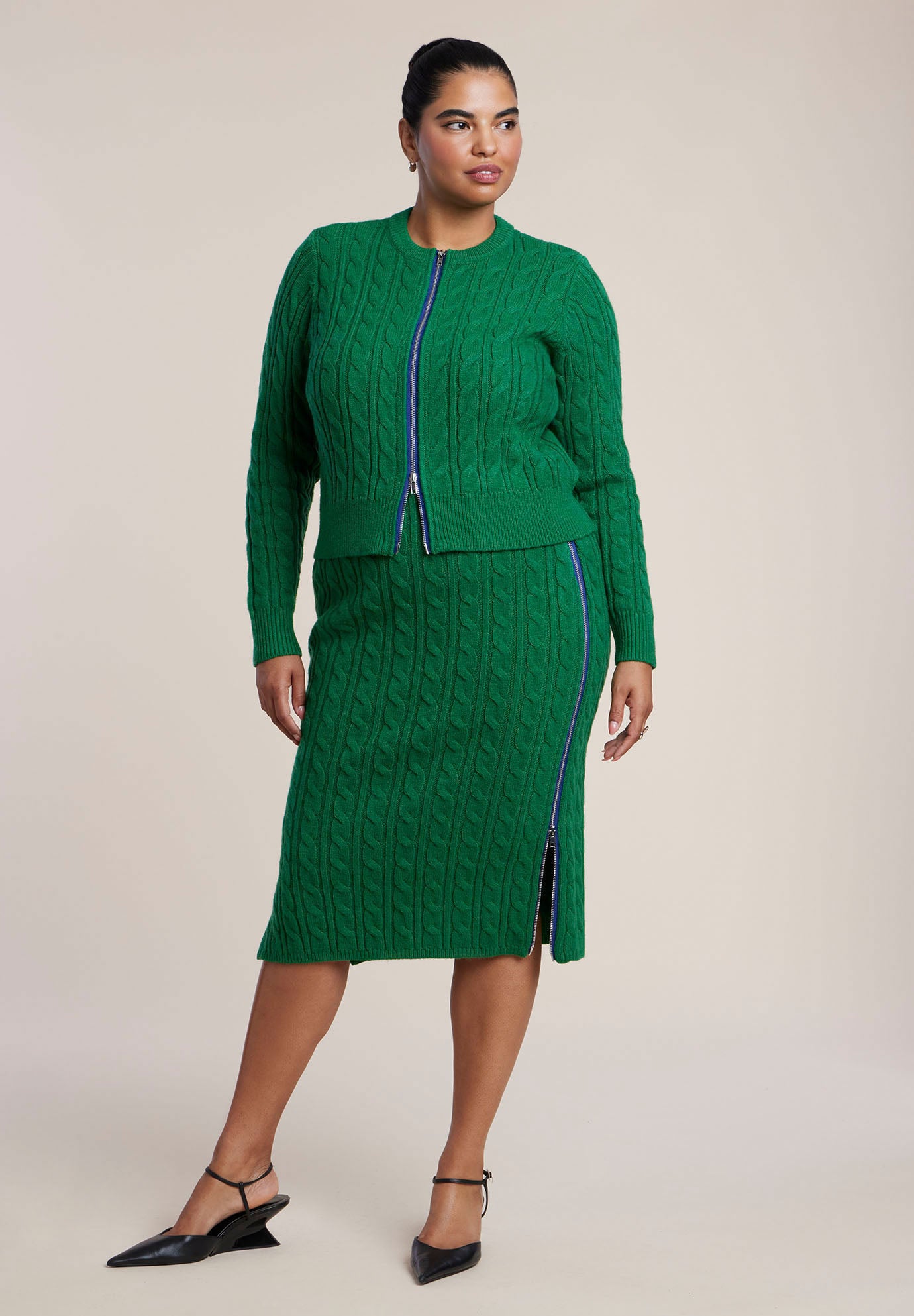 Contrast Zipper Cable Knit Cardigan image number 2