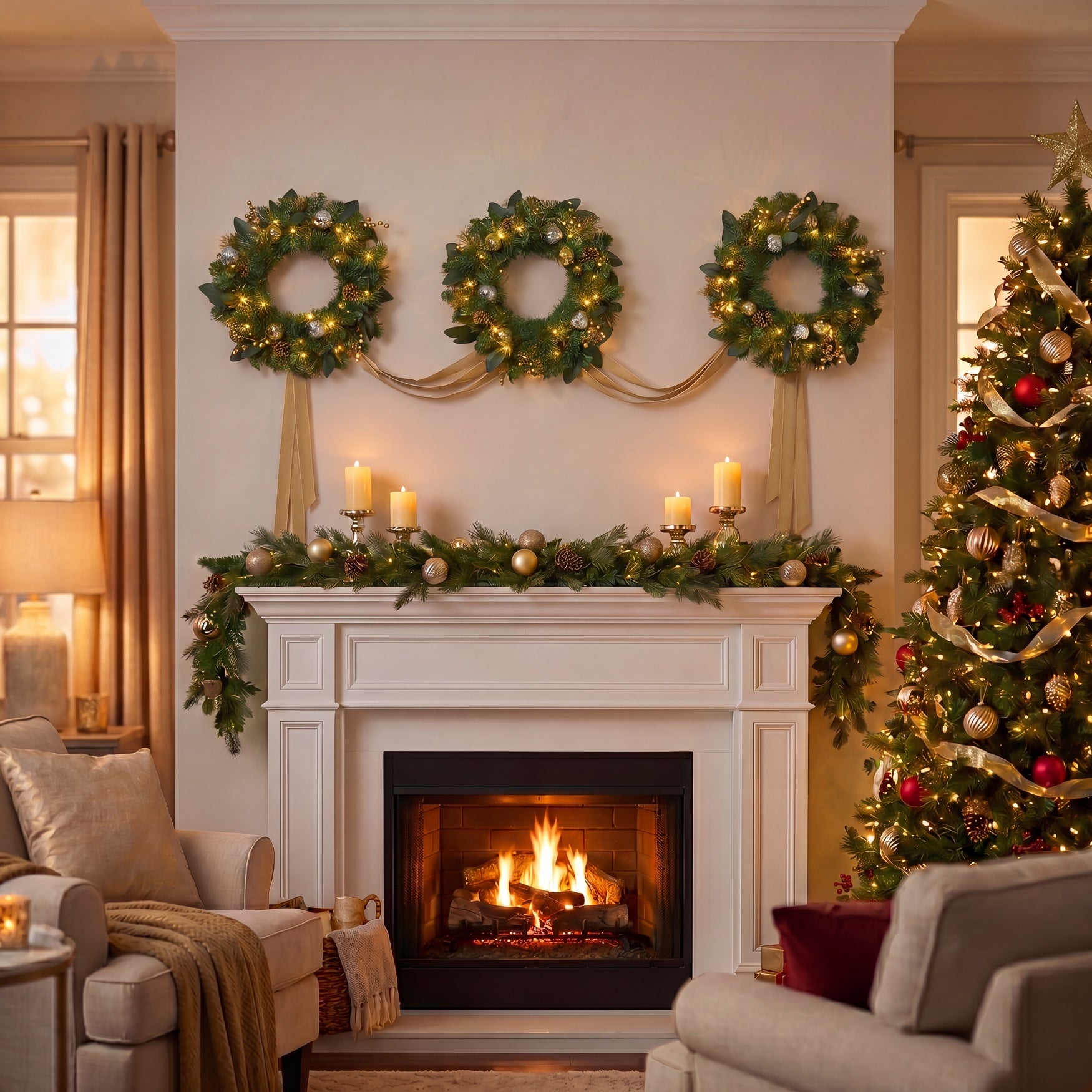 Hanging 20" Pre-lit Mixed Pine Wreath, Set of 3 image number 1