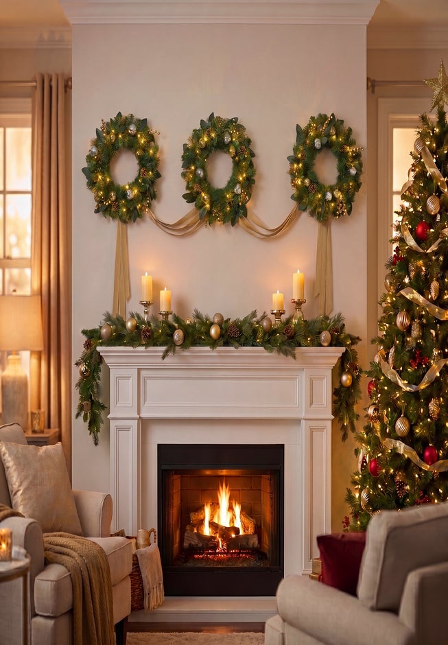 Hanging 20" Pre-lit Mixed Pine Wreath, Set of 3 image number 1