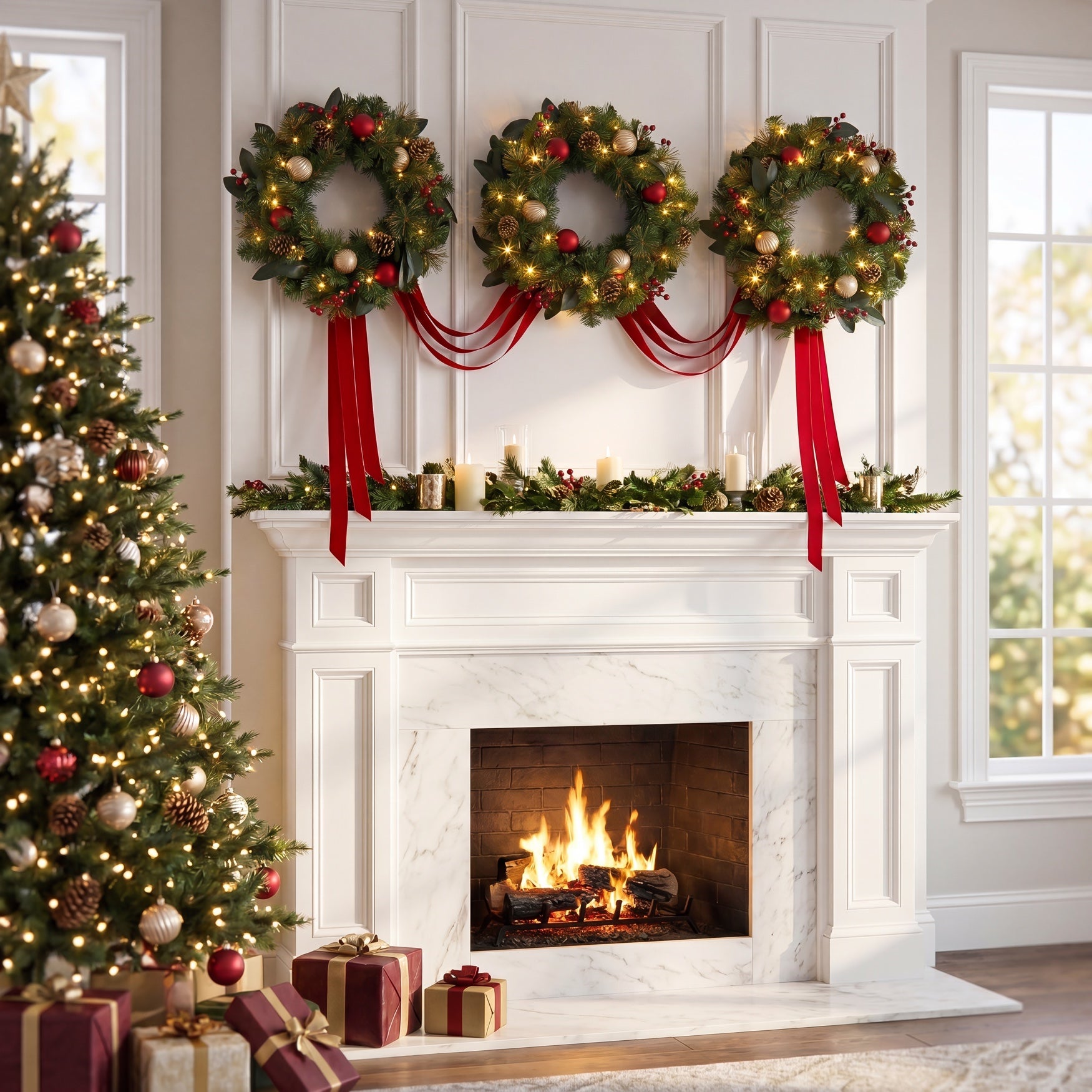 Hanging 20" Pre-lit Mixed Pine Wreath, Set of 3 image number 3
