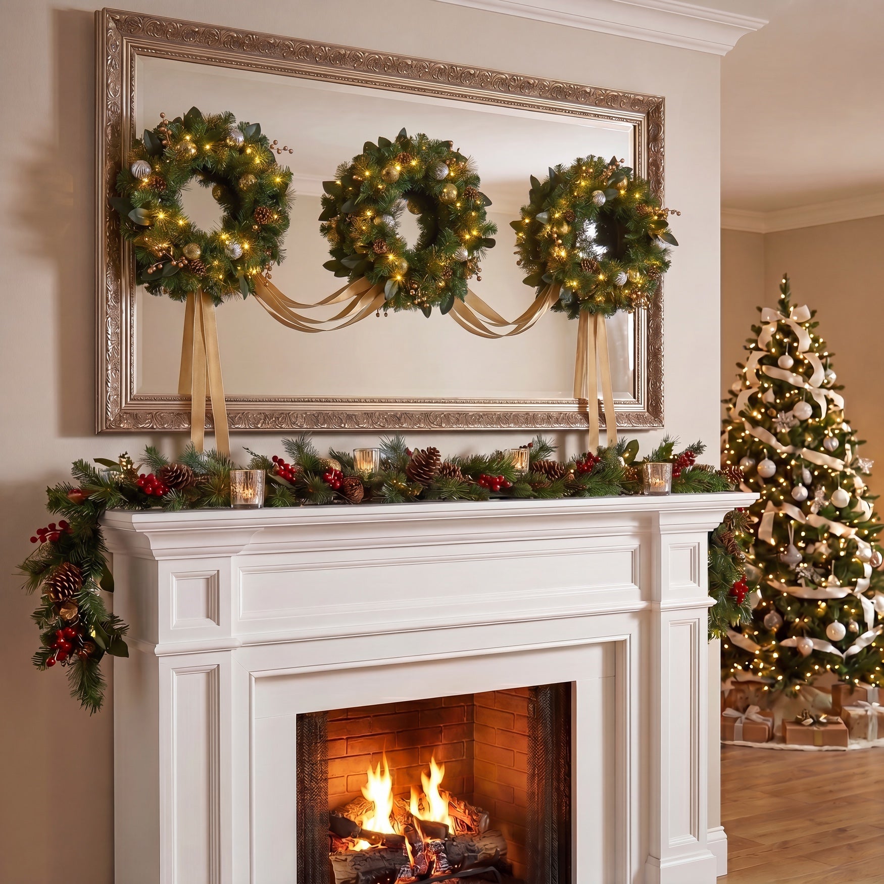 Hanging 20" Pre-lit Mixed Pine Wreath, Set of 3 image number 6