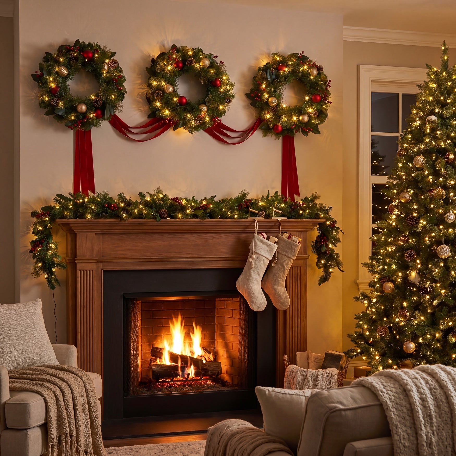 Hanging 20" Pre-lit Mixed Pine Wreath, Set of 3 image number 7