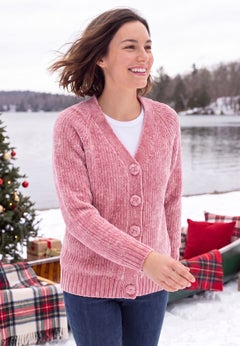 Chenille Flower-Button Sweater Cardigan