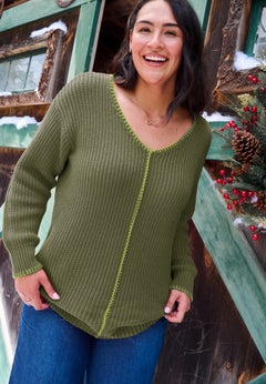 Modern Contrast V Neck Knit Pullover Tunic