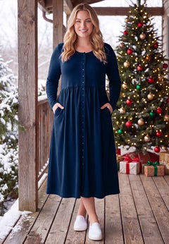 Long-Sleeve Button-Front Knit Dress