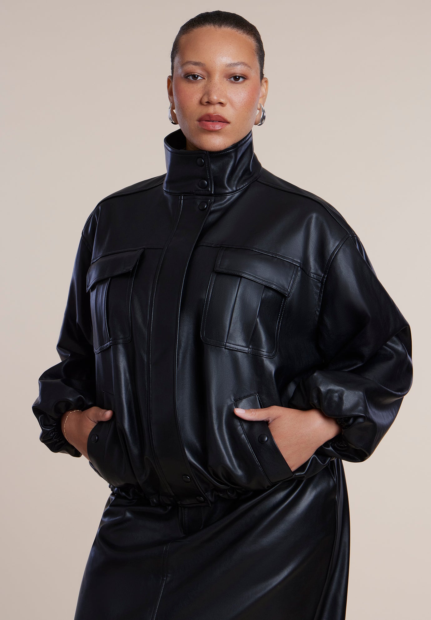 Faux Leather Funnel Neck Jacket image number 1