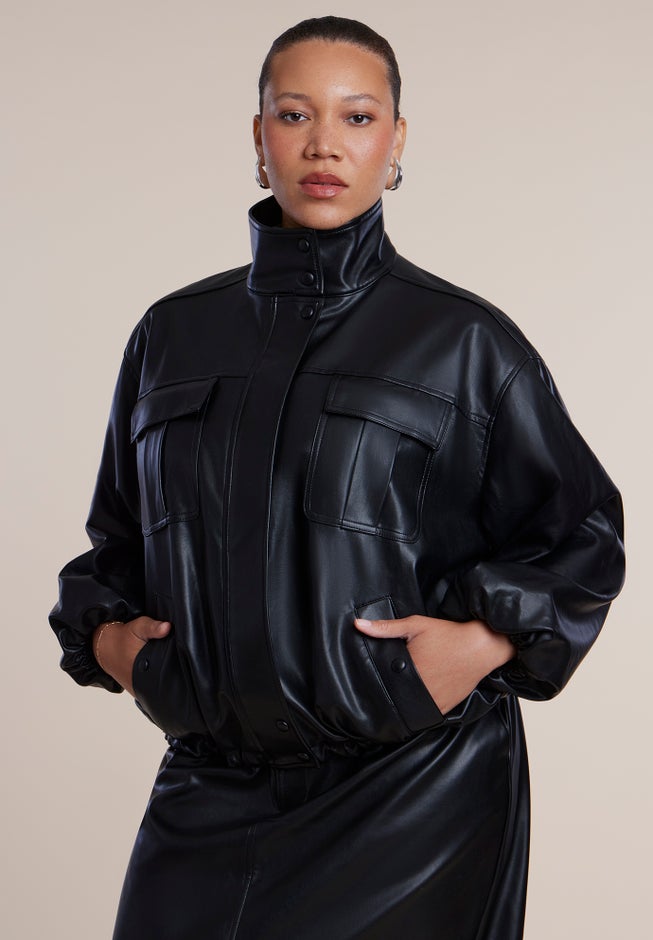 Faux Leather Funnel Neck Jacket image number 1