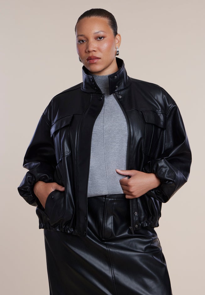 Faux Leather Funnel Neck Jacket image number 2