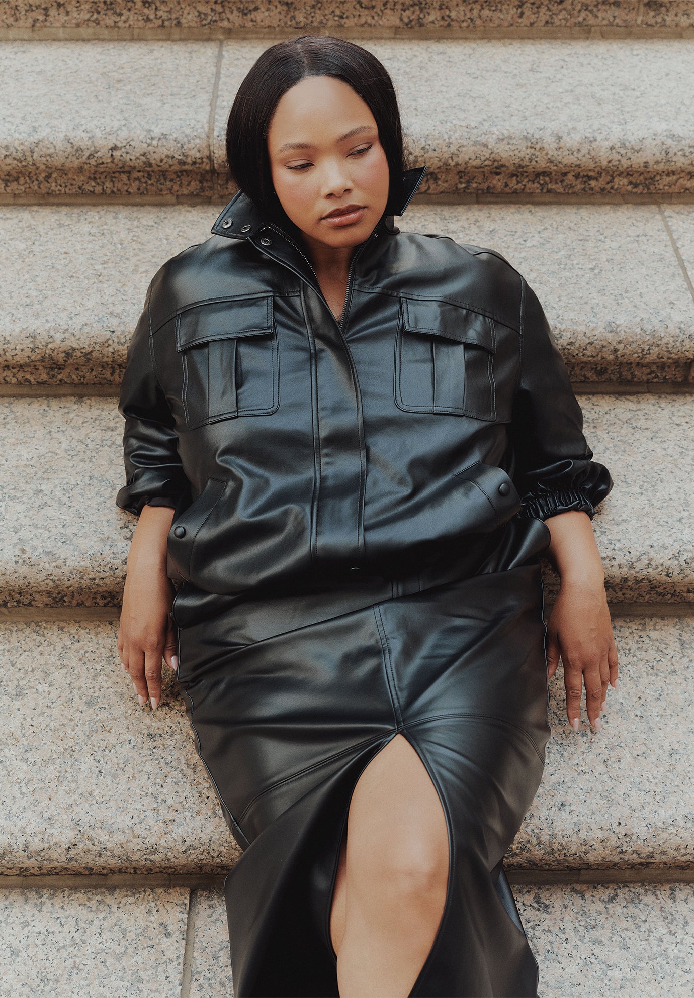 Faux Leather Funnel Neck Jacket image number 0