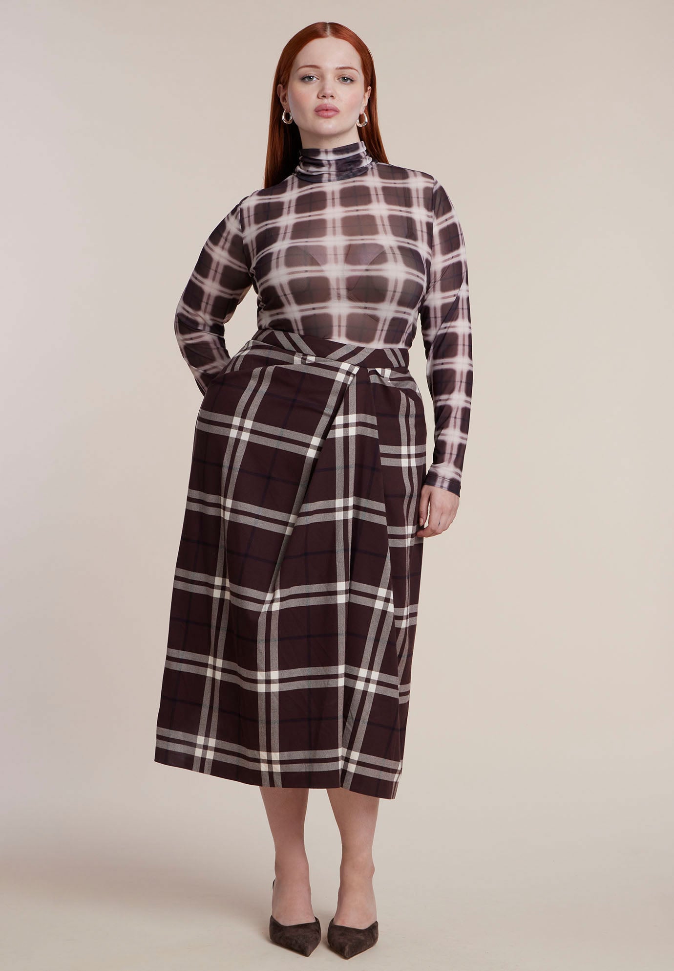 Draped Plaid Midi Skirt image number 1
