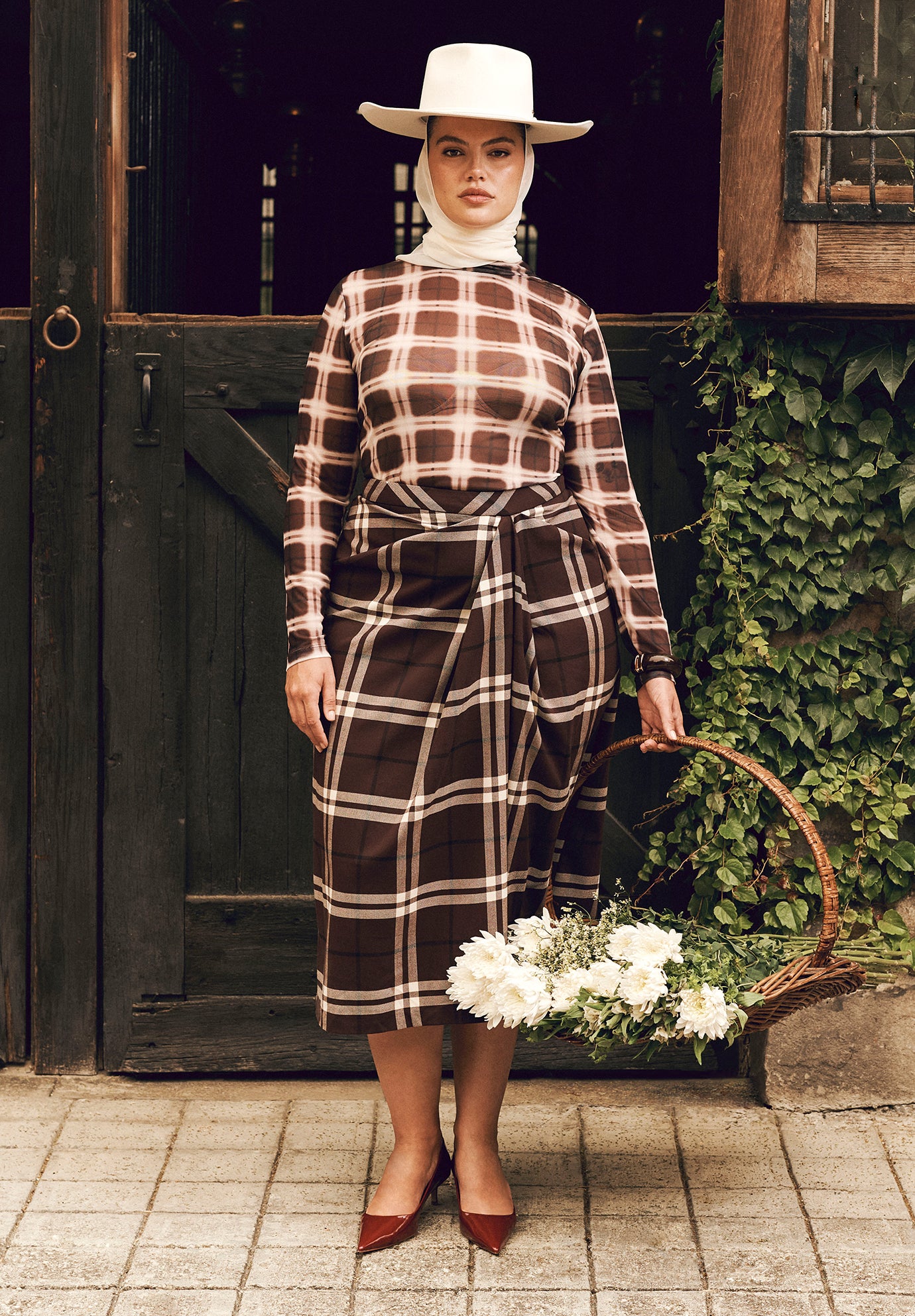 Draped Plaid Midi Skirt image number 0