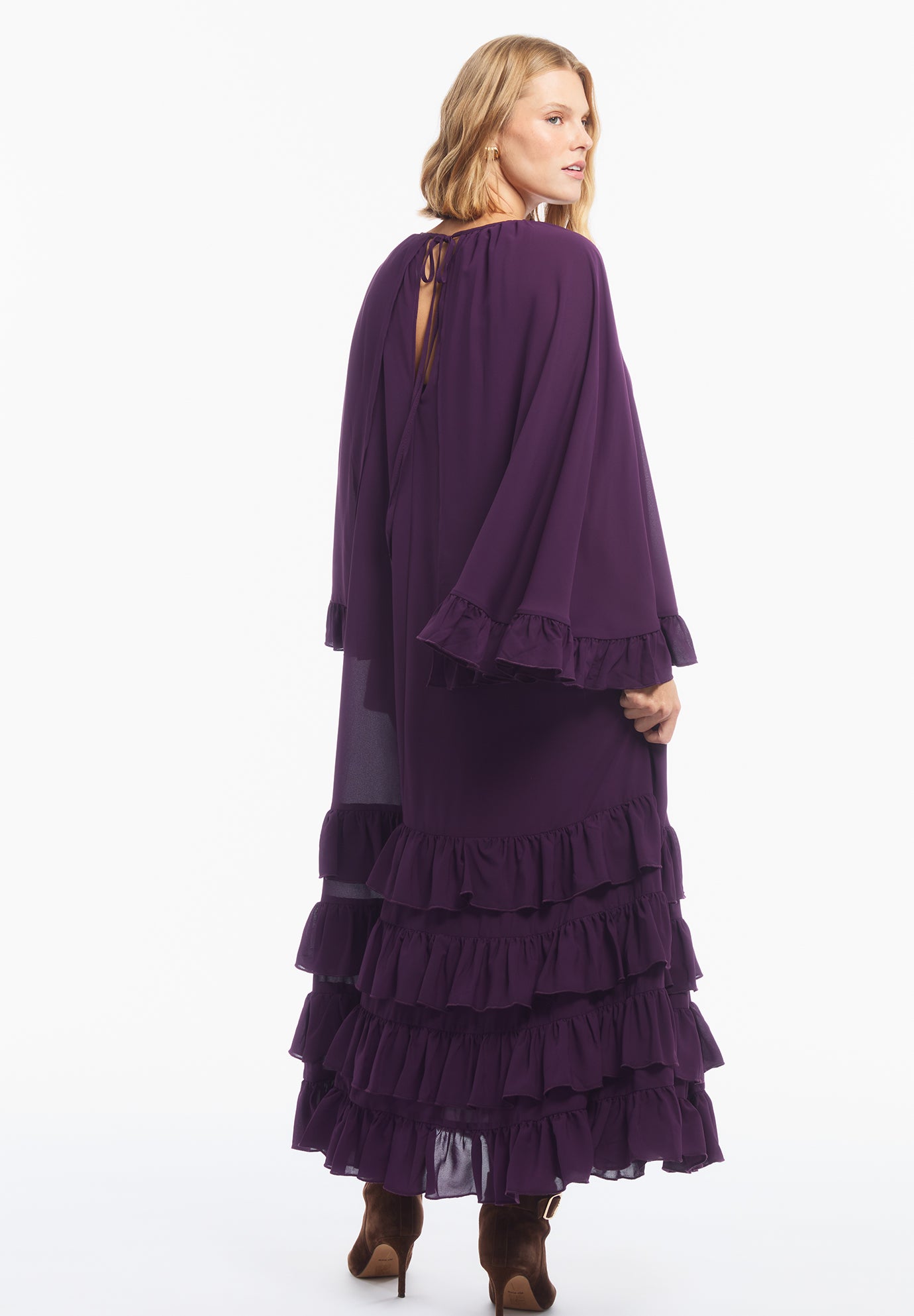 Ruffled Georgette Gown With Cape image number 3