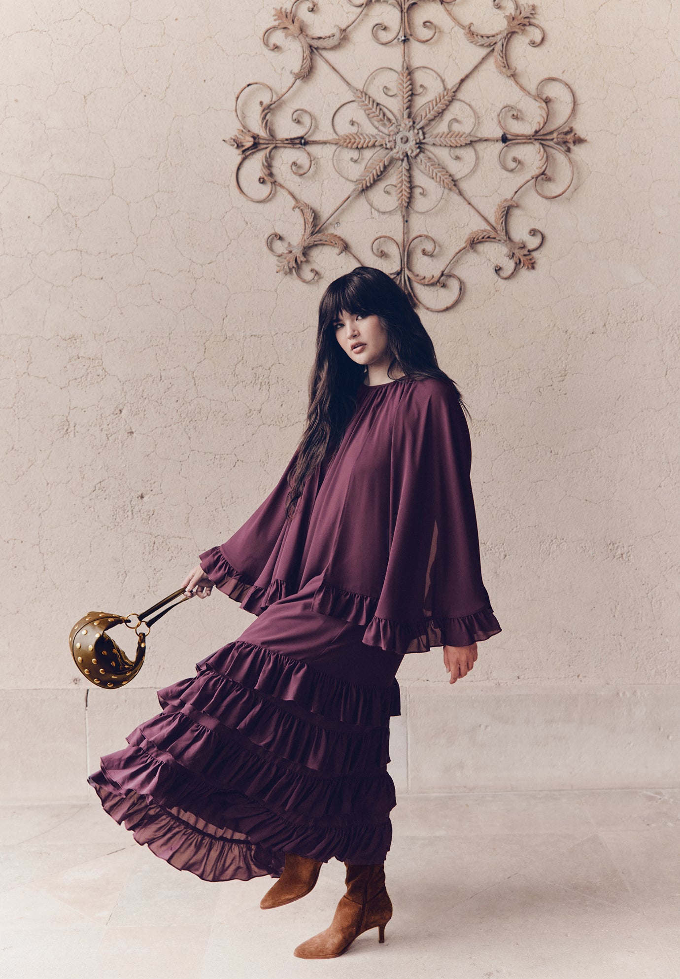 Ruffled Georgette Gown With Cape image number 0