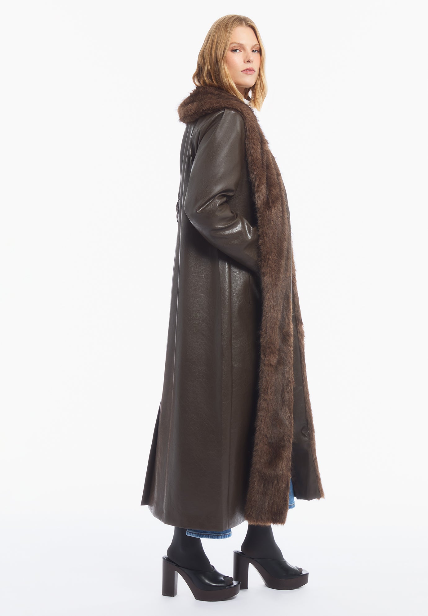 Faux Fur-Trim Faux Leather Coat image number 3
