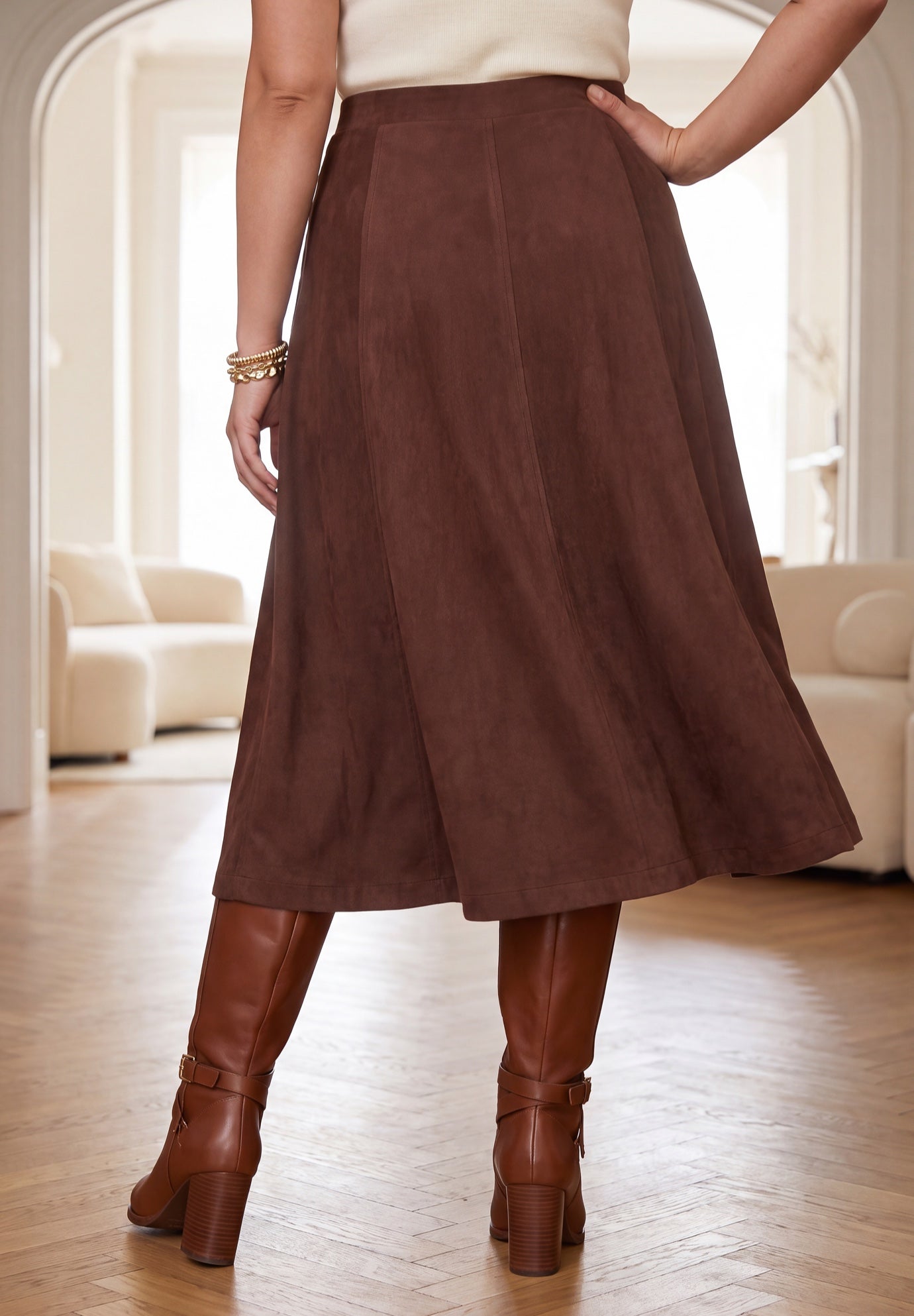 Stretch Faux Suede A-Line Midi Skirt image number 1
